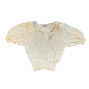 Lorient juir White Pearl Beaded Puff‎ Sleeve Knit Sweater Top